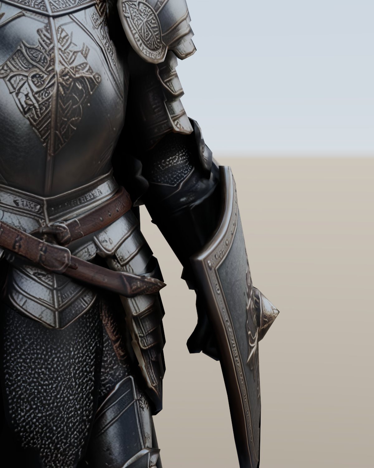 Knight armour close-up rendered in Lumasmith: brushed steel, engraved plate, leather straps and chainmail