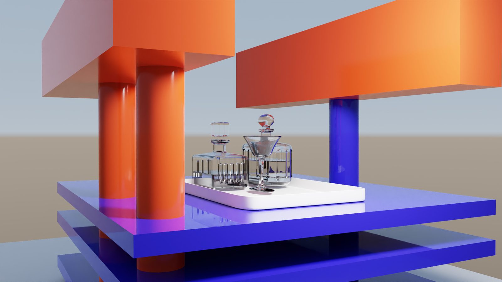 Coloured glass and pillar scene rendered in Lumasmith from the Cinema 4D Render Queue