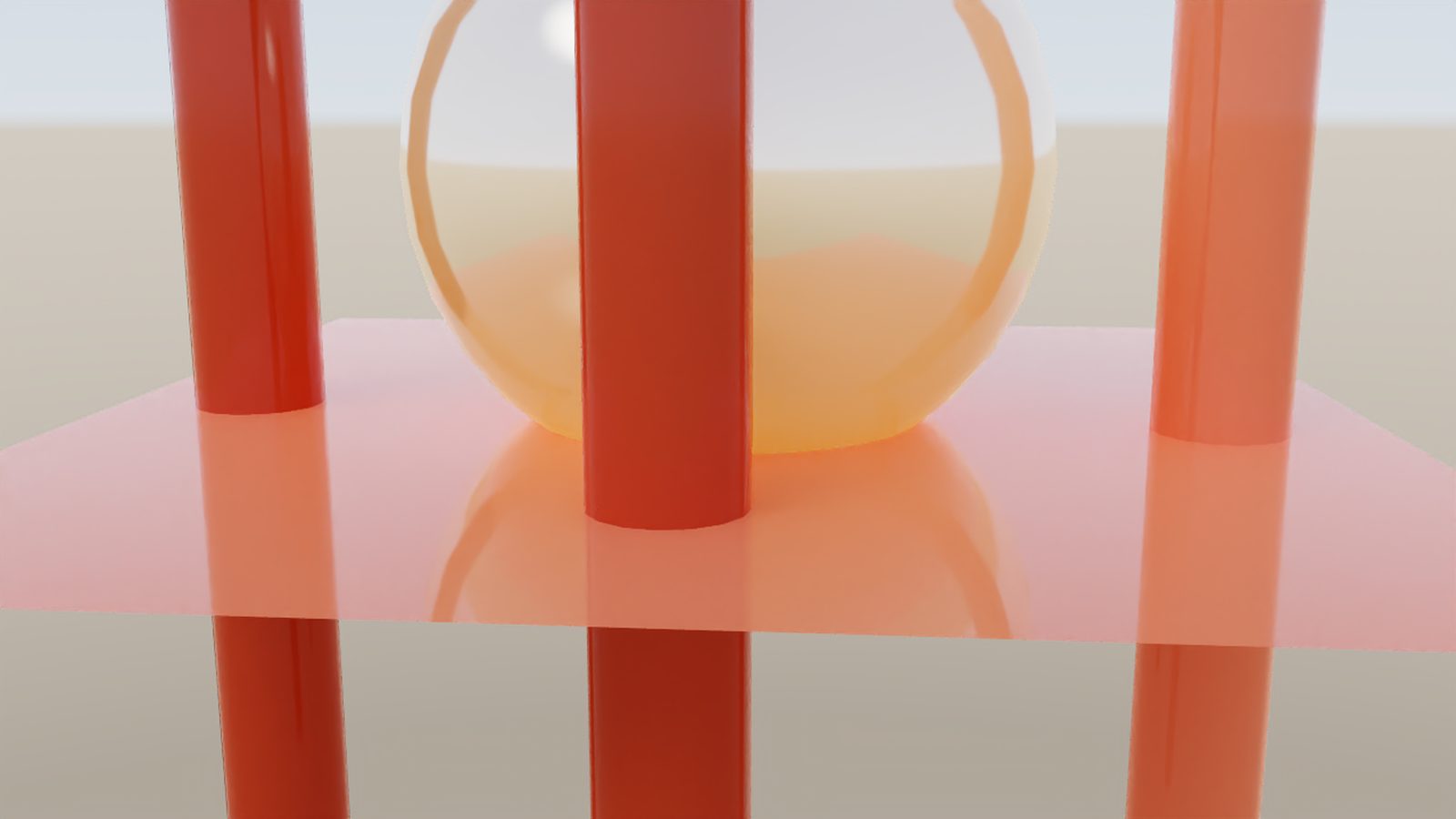Glass sphere behind red pillars and a transmissive slab rendered in Lumasmith