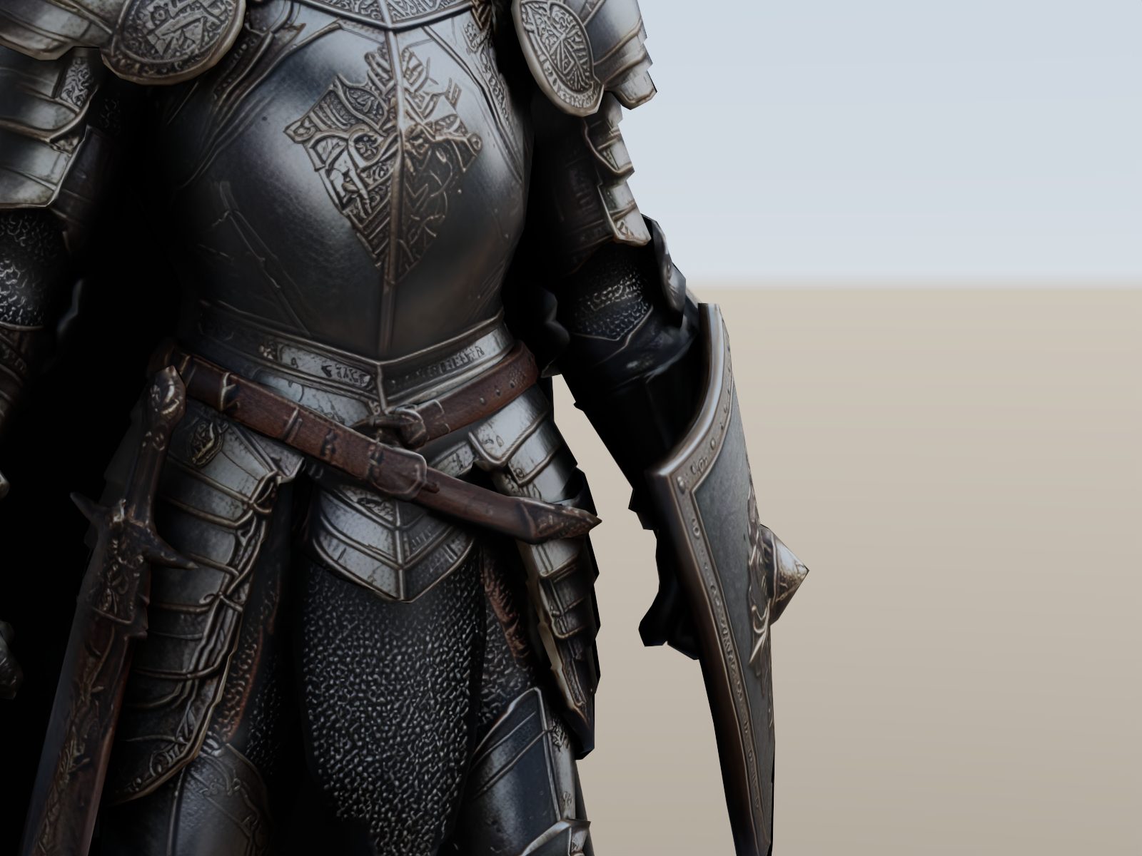 Brushed steel armour, engraved plate and leather belt rendered in Lumasmith